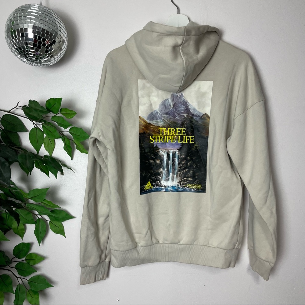 🌊 ADIDAS cream three stripe life graphic pullover hoodie sweatshirt small 🌊